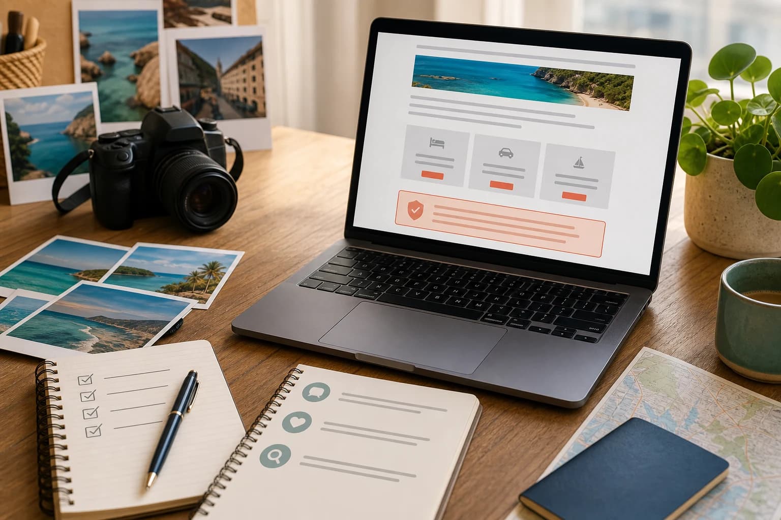Travel creator reviewing an affiliate disclosure checklist beside recommendation cards and destination photos