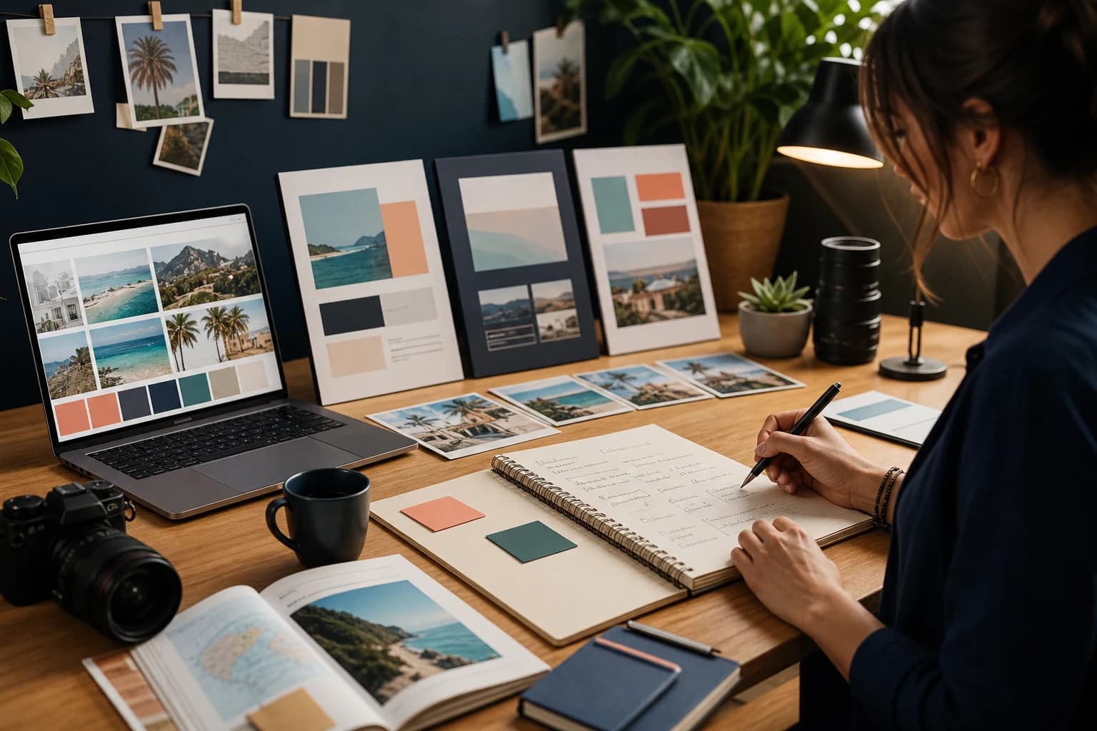 Travel creator preparing a brand partnership media kit with destination photography and campaign notes