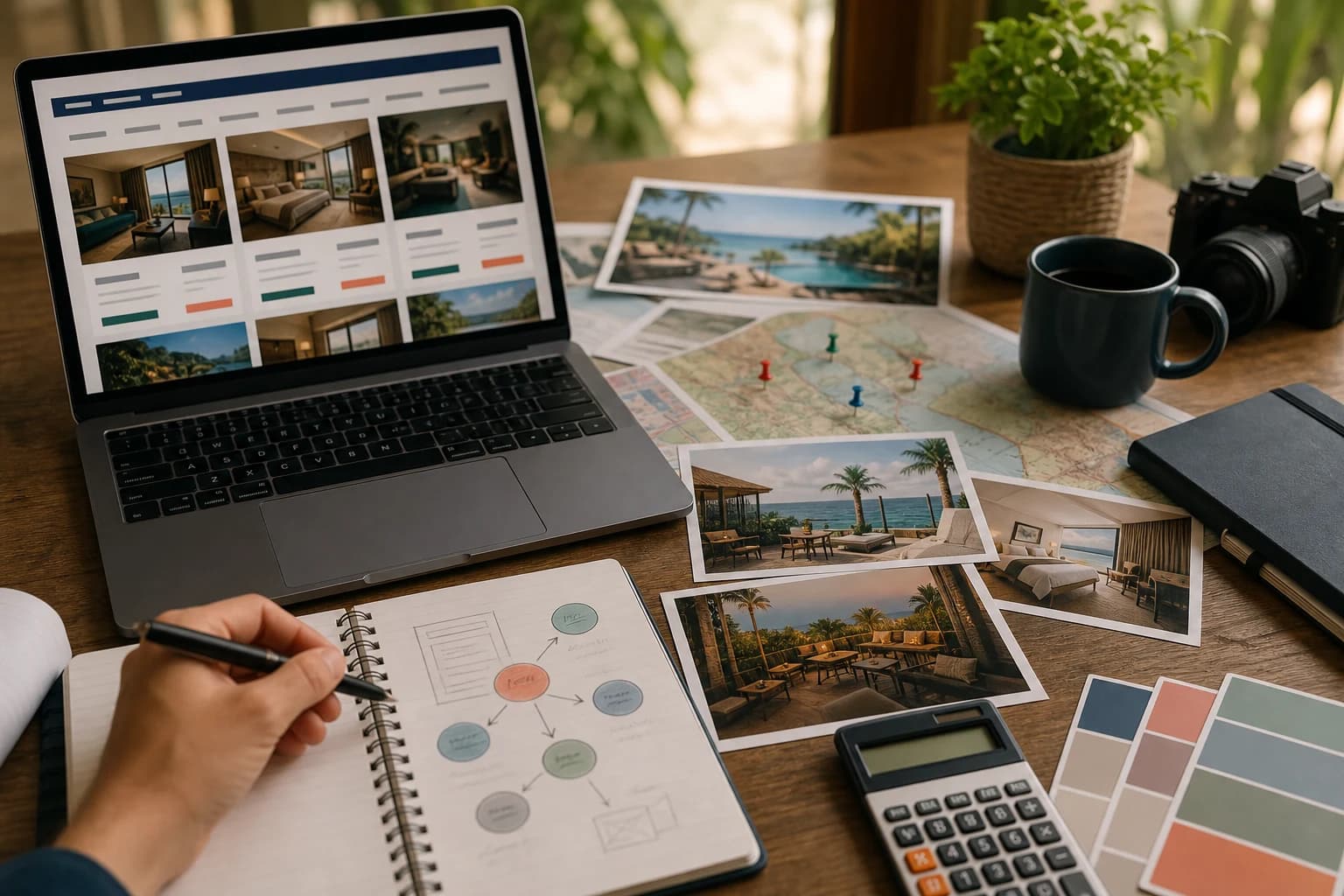 Travel creator comparing accommodation recommendation cards, hotel photos, maps, and booking notes