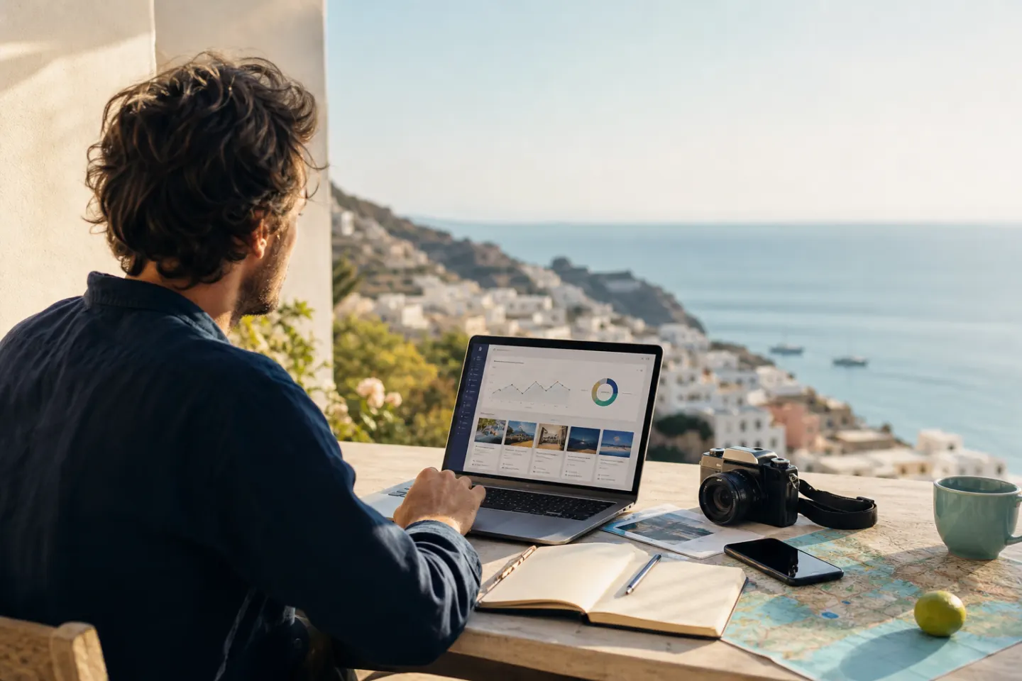 Travel creator reviewing an itinerary and analytics from a Mediterranean terrace