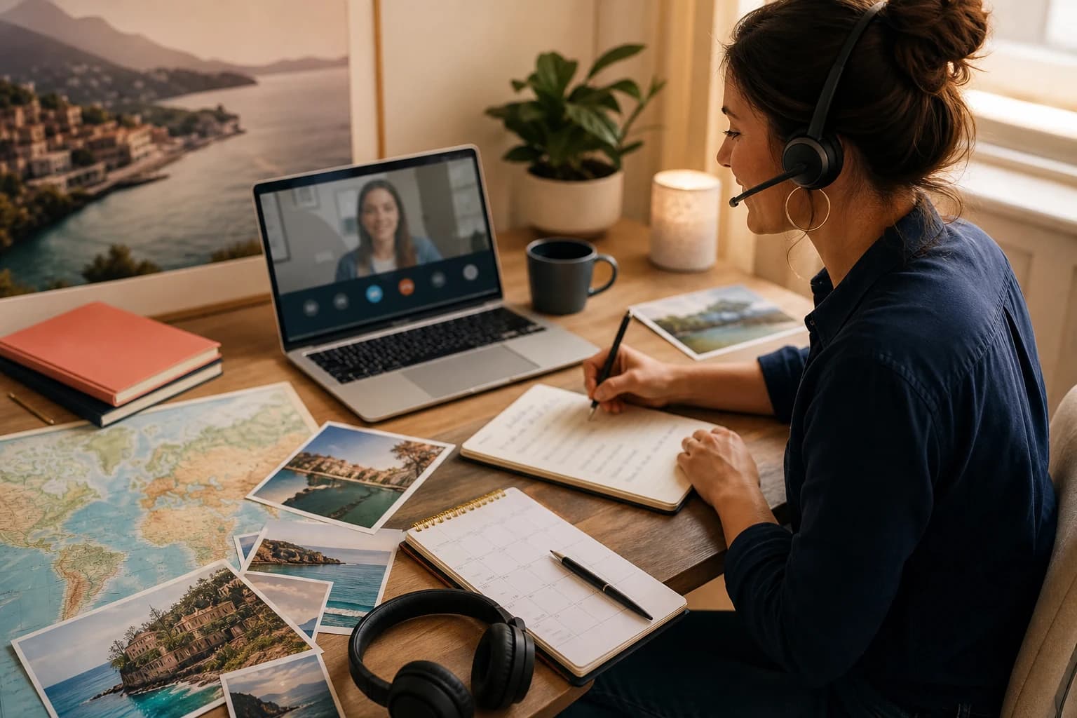 Travel creator running a paid planning consultation from a desk with notes, maps, headset, and laptop