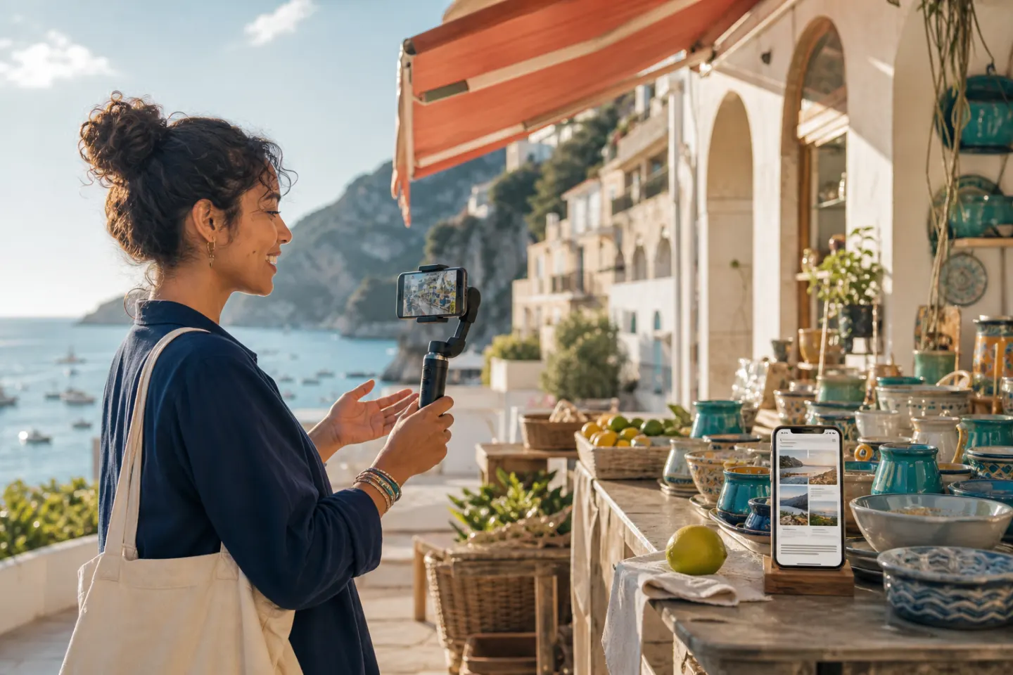Travel creator filming a vertical destination story in a coastal market