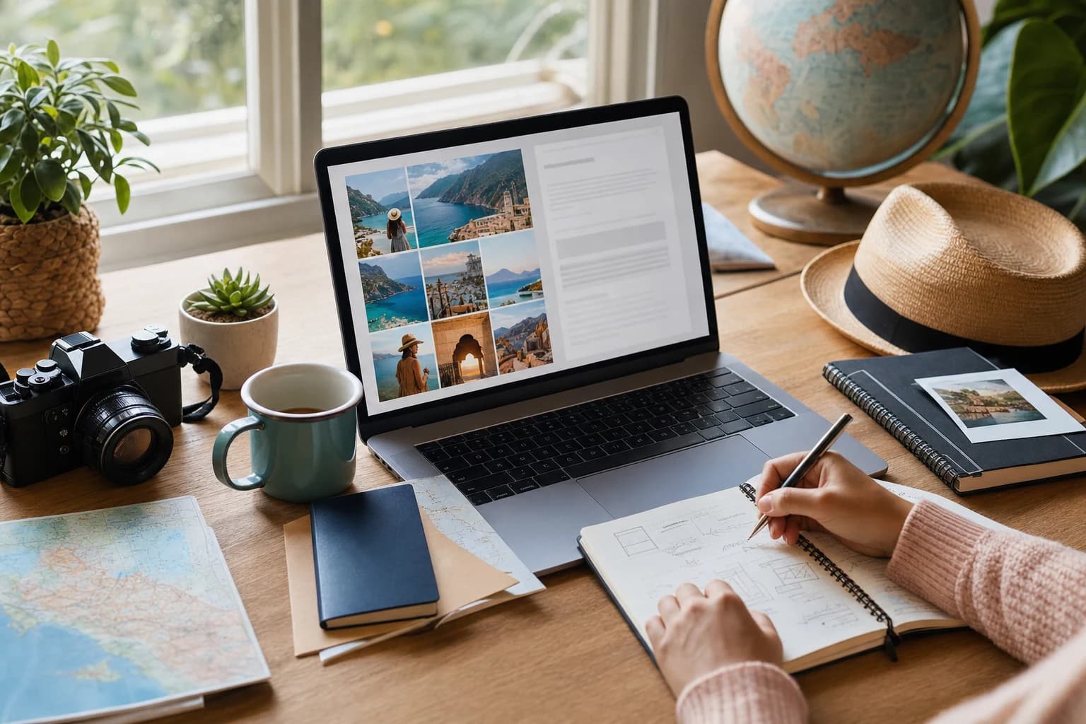 Travel creator planning a new blog at a desk with destination photos, notebook, laptop, and camera
