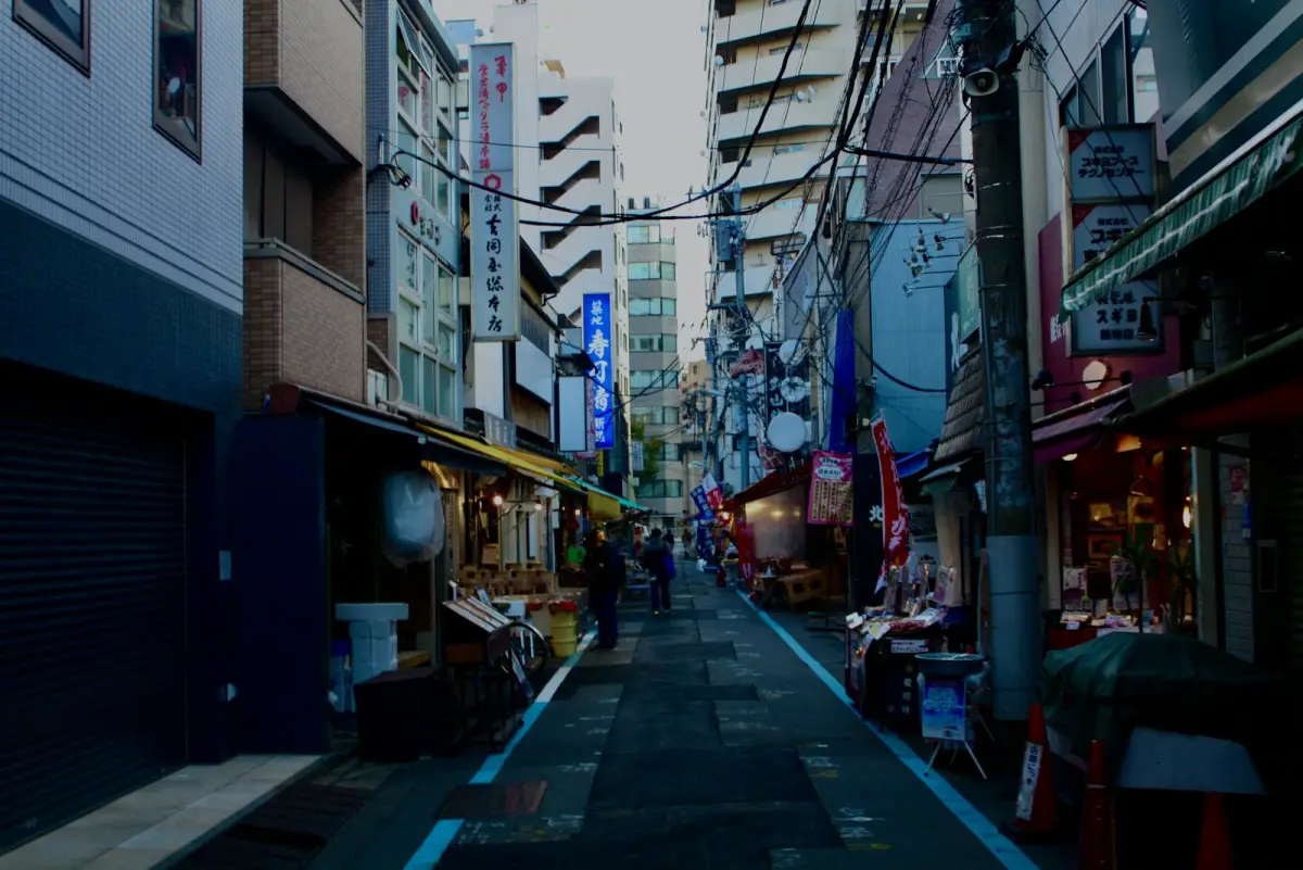 Narrow local shopping street lined with small buildings in Tokyo, Japan