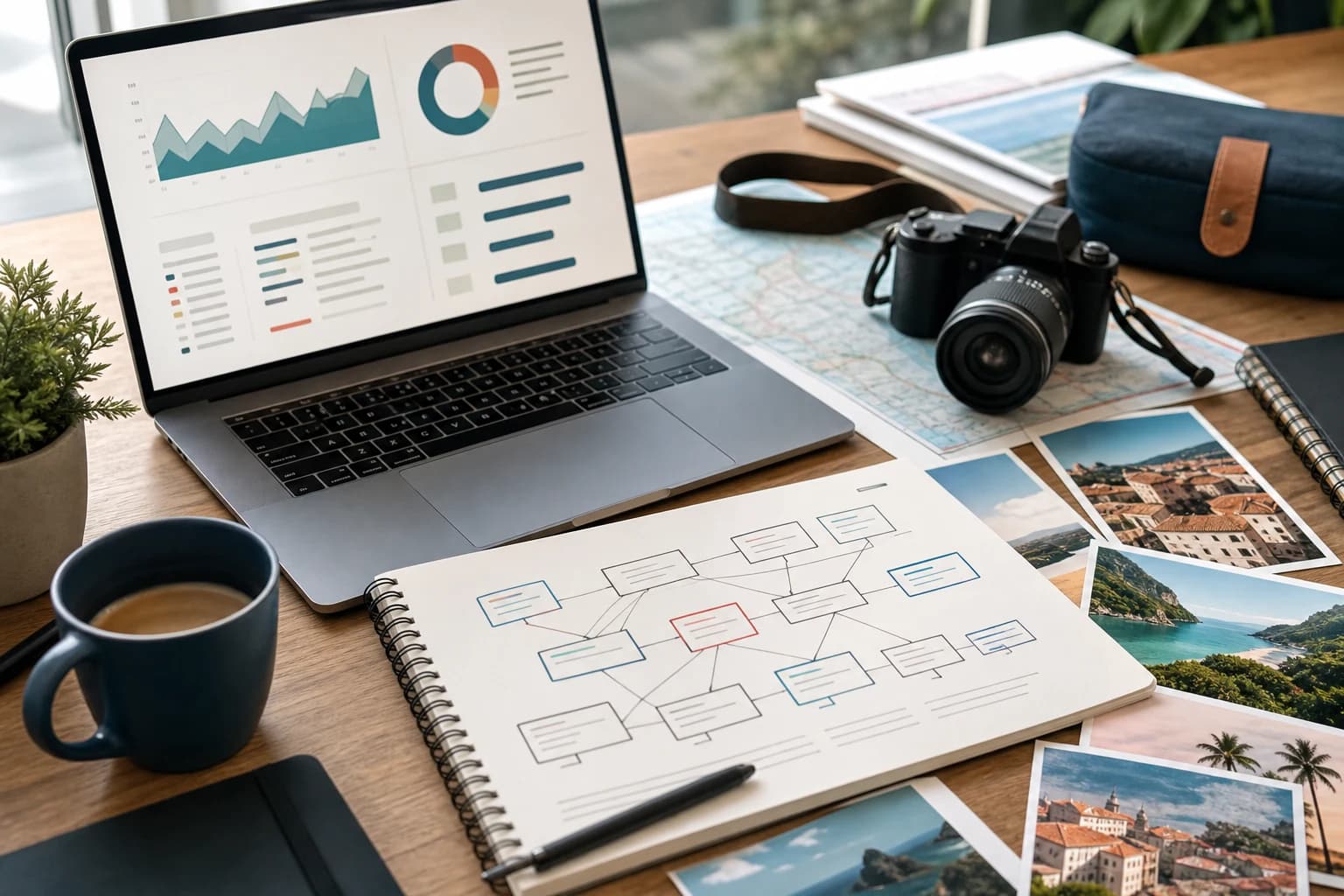 Travel blogger workspace with analytics, destination photos, and internal linking notes