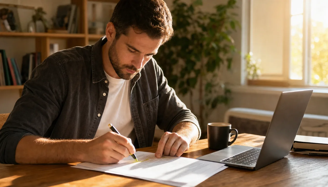 Travel creator reviewing a printed contract at a desk with a laptop and coffee