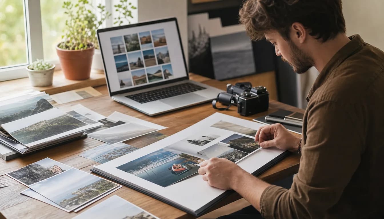 Travel creator arranging printed photographs and a portfolio layout on a desk