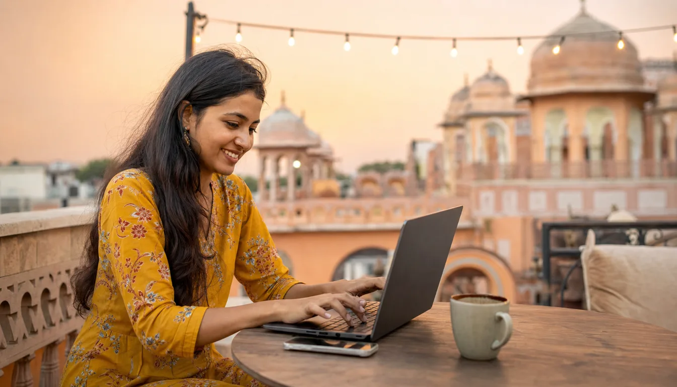 Travel creator working on a laptop on a rooftop terrace in Jaipur at dusk