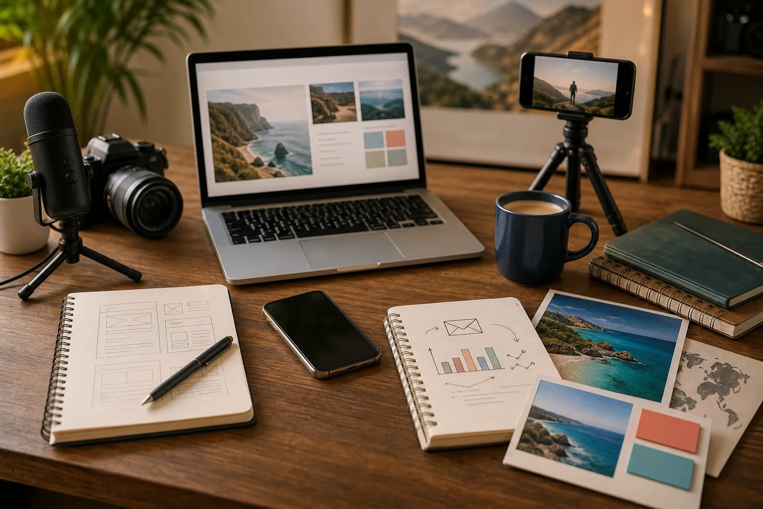 Travel creator workspace with camera, microphone, phone, laptop, notes, and destination photos