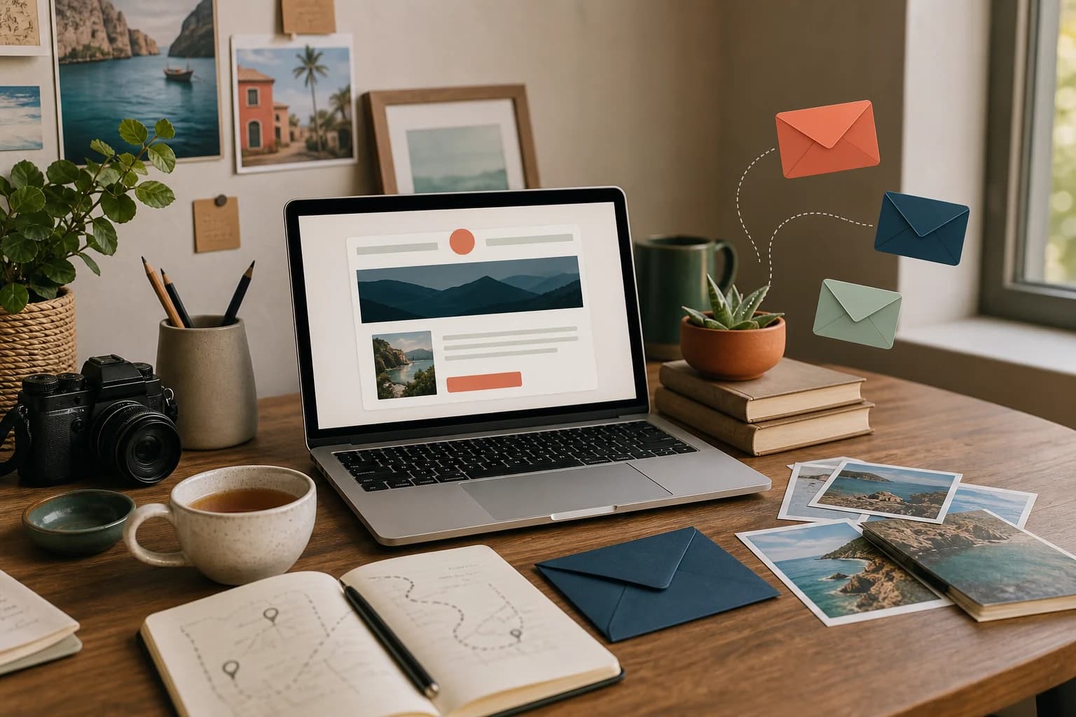 Travel creator newsletter desk with laptop, envelopes, route notebook, camera, and destination photos
