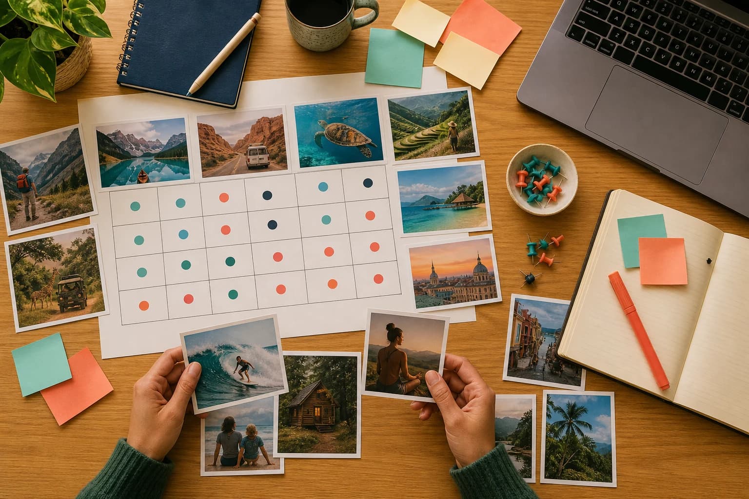 Travel creator sorting destination photos and niche ideas on a planning table