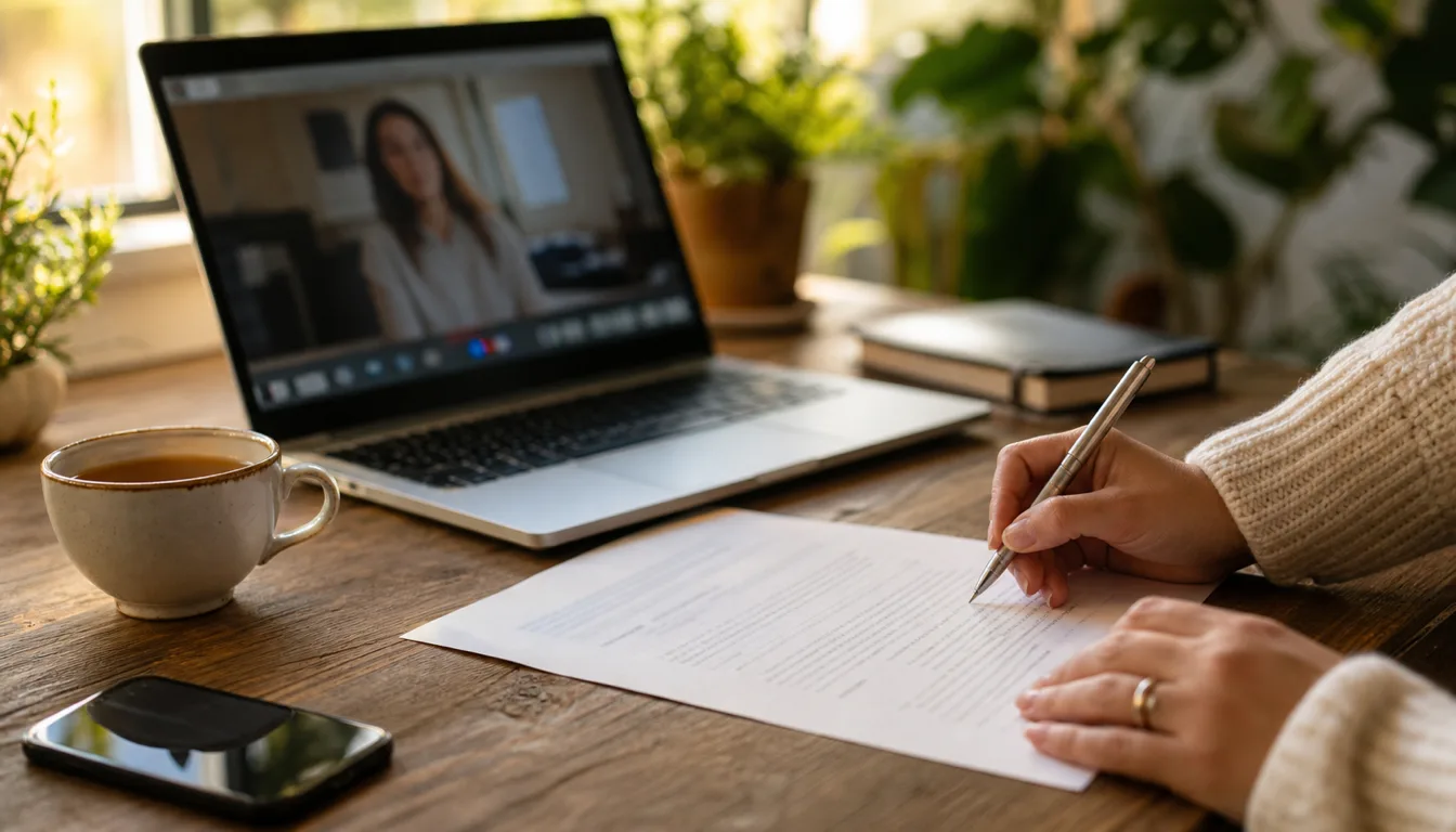 Close-up of a hand signing a printed agreement next to a laptop and cup of tea