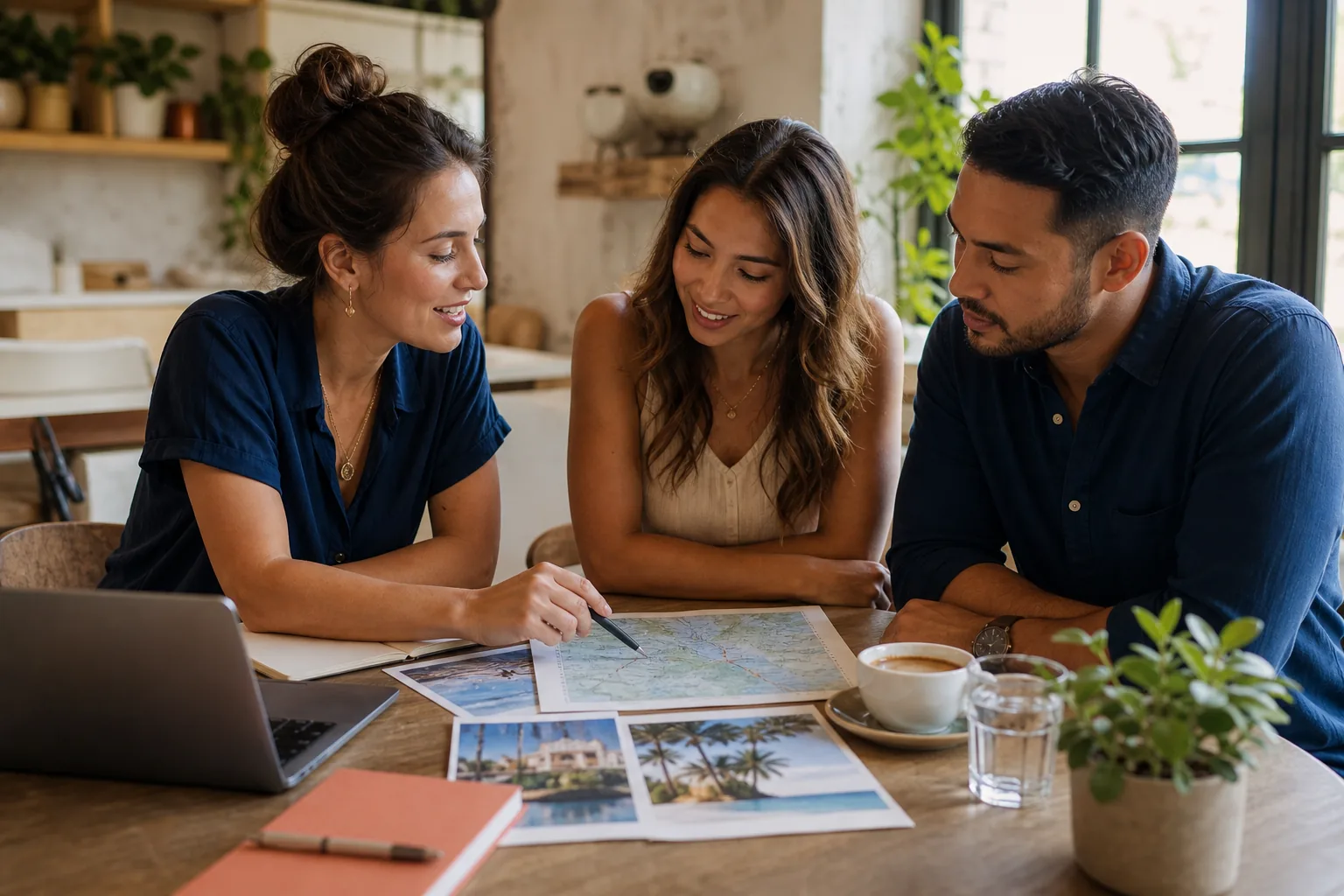 A travel advisor reviewing an itinerary with two travelers