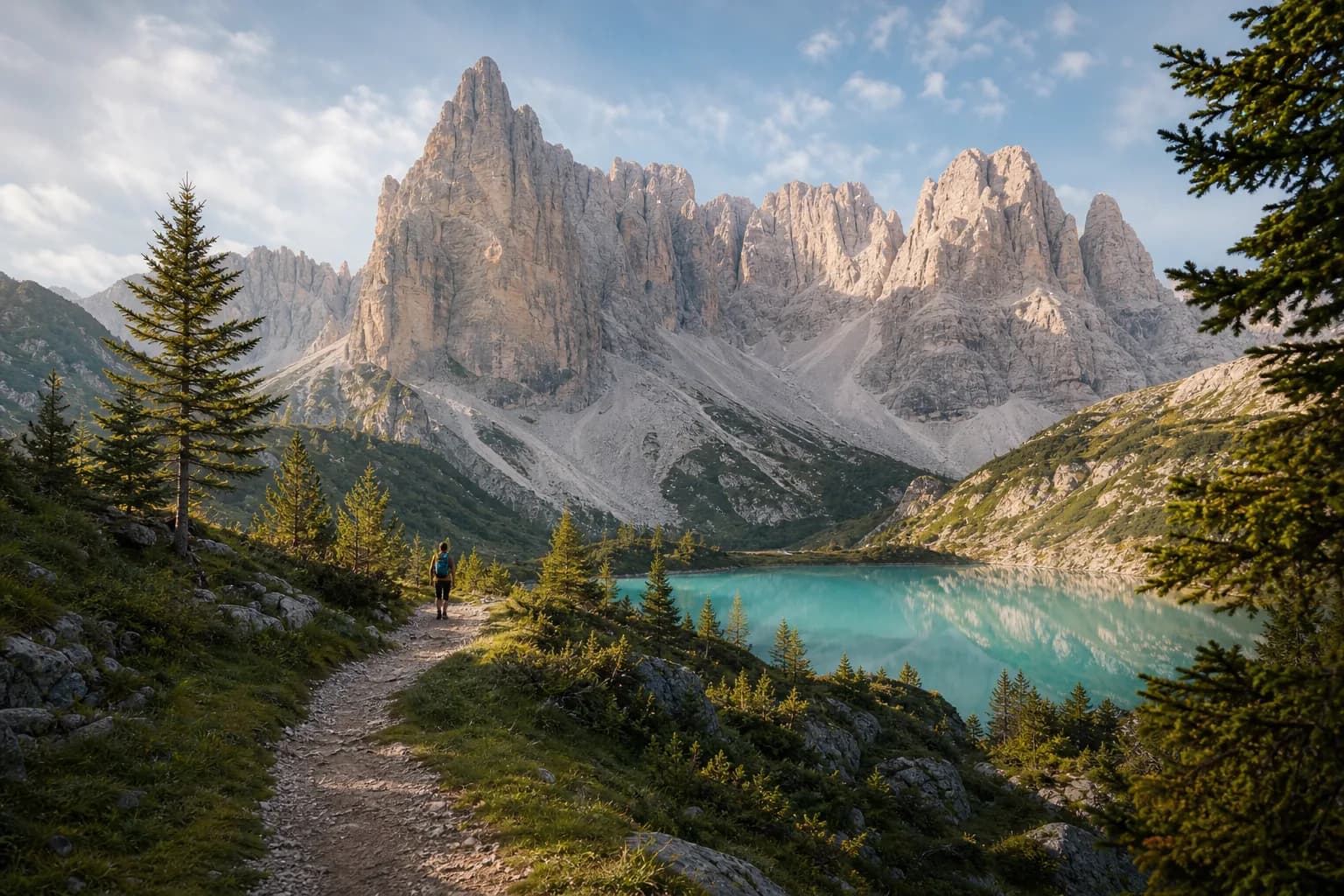 A hiker approaching a turquoise alpine lake in the Dolomites