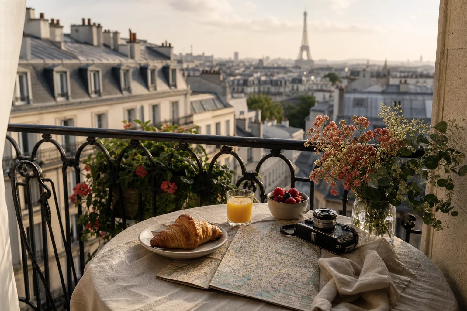 Breakfast and a city map on a Paris balcony