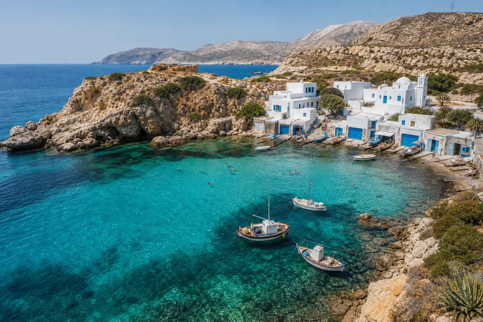 A secluded Greek island cove and fishing village