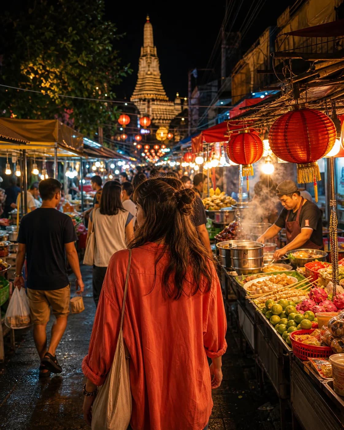 A traveler exploring a colorful Bangkok night market