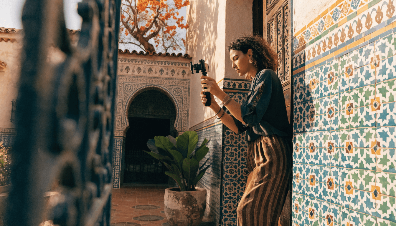 A travel creator filming destination content with a phone and gimbal