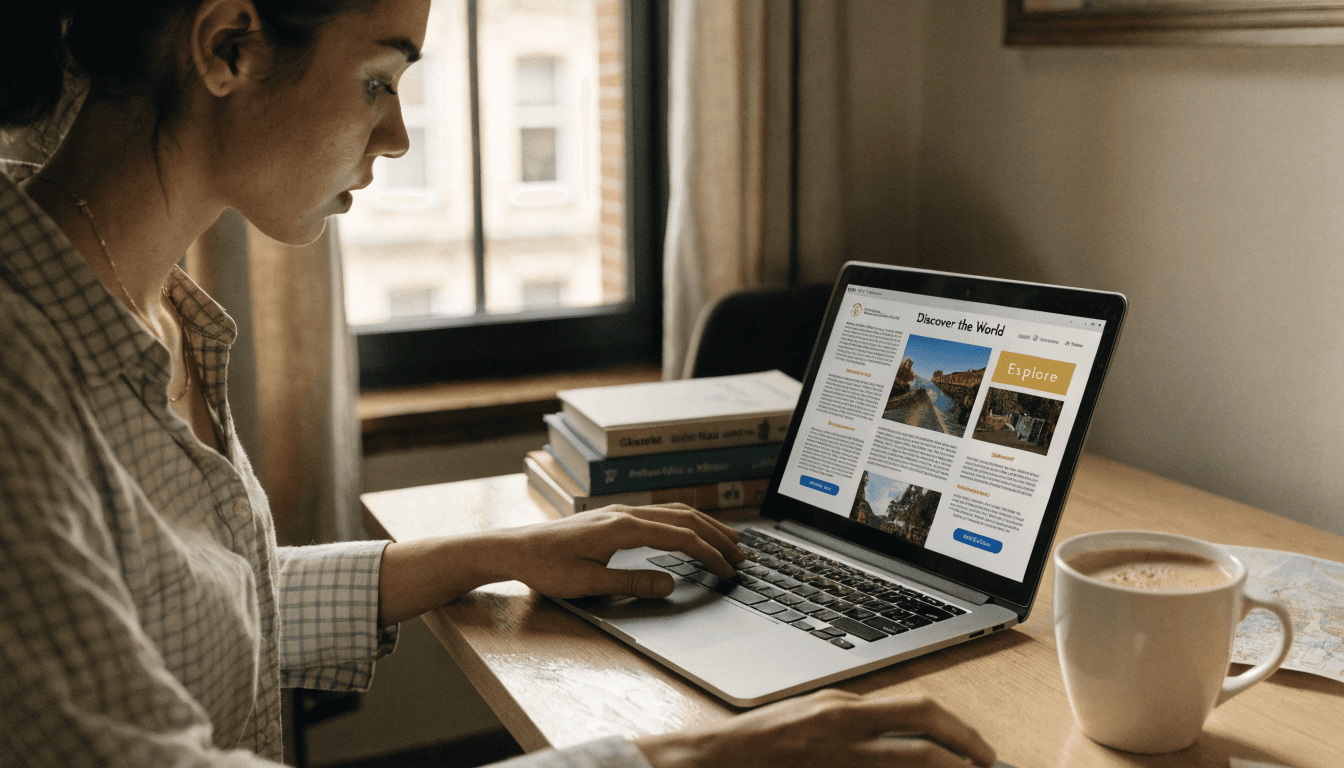 A travel newsletter writer at a desk with coffee and open laptop