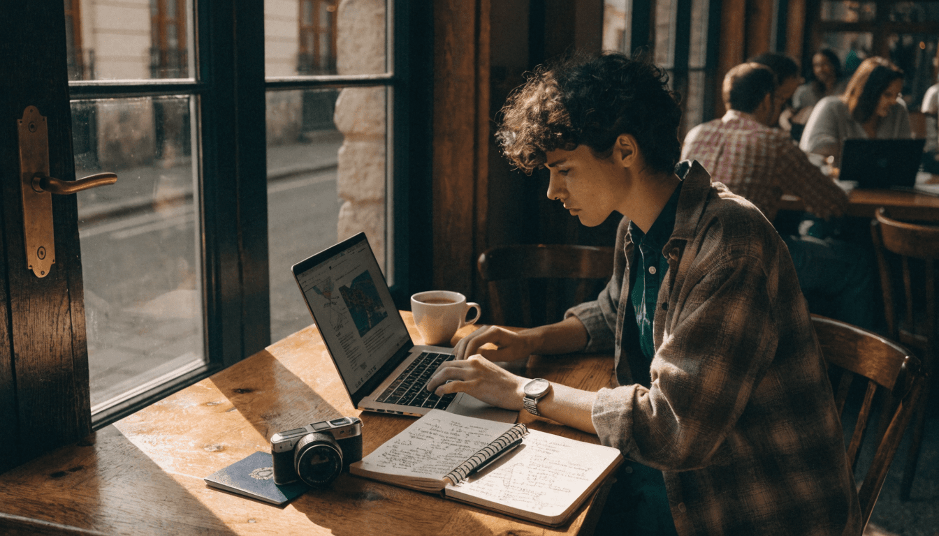 A travel blogger at a European café with laptop open to a destination guide