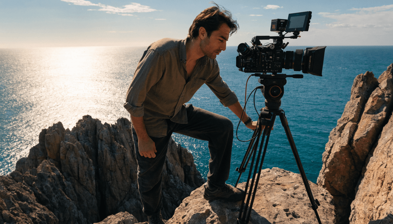 A YouTube travel creator recording a destination video