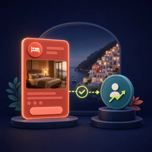 Illustration of a hotel booking card connecting to creator growth