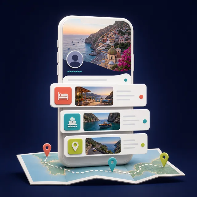 Illustration of a mobile destination page above a coastal map