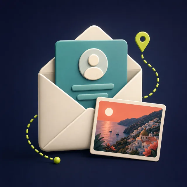 Illustration of a travel postcard flowing into an email subscriber card
