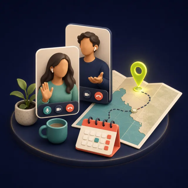 Illustration of a creator planning call beside a travel route