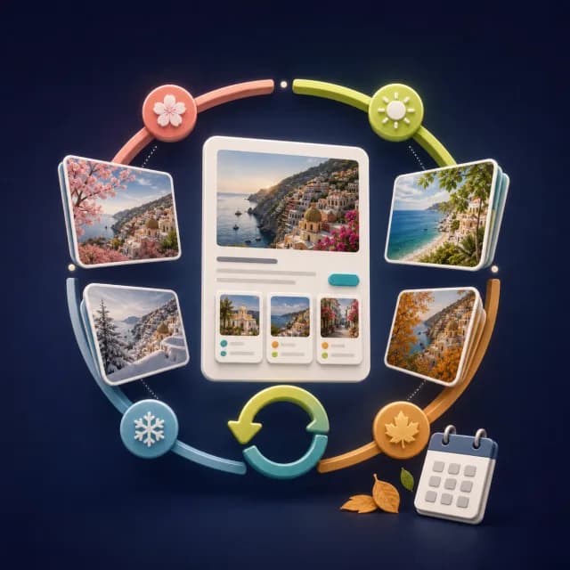 Illustration of travel content rotating through seasonal updates