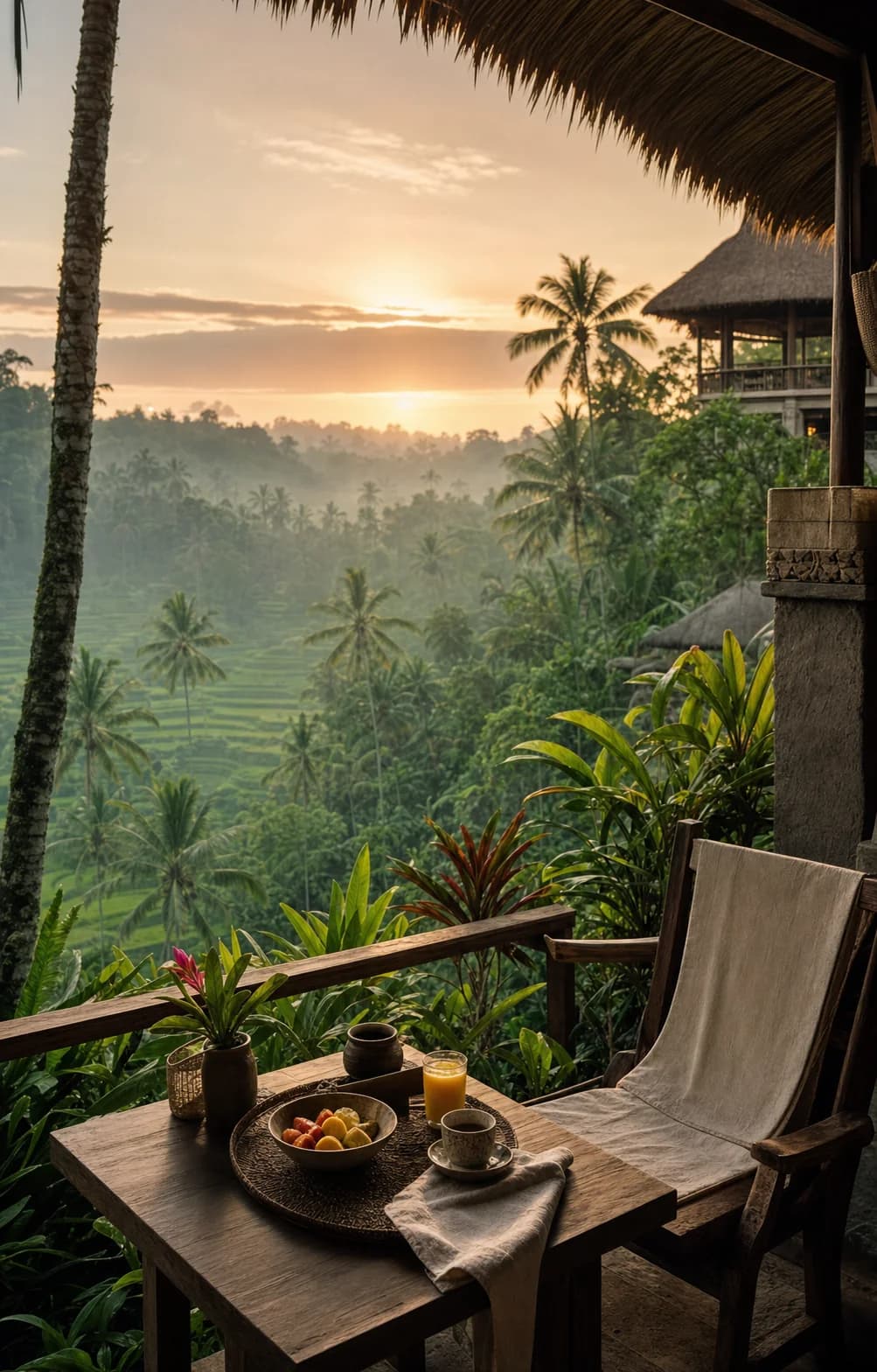 Sunrise over the green rice terraces of Ubud, Bali