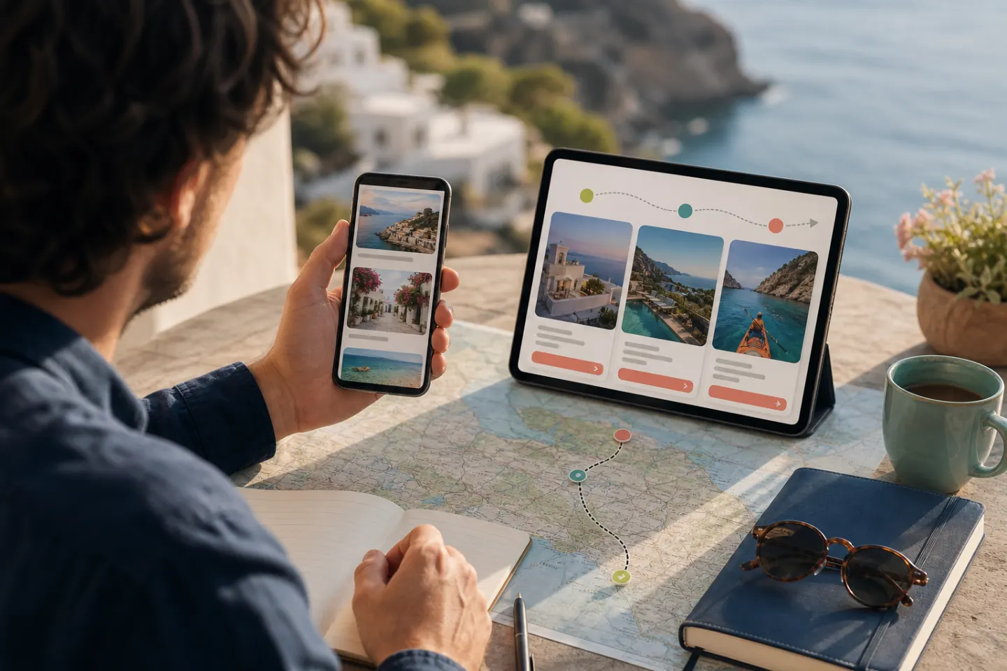 A mobile travel guide flowing into a short set of curated recommendations