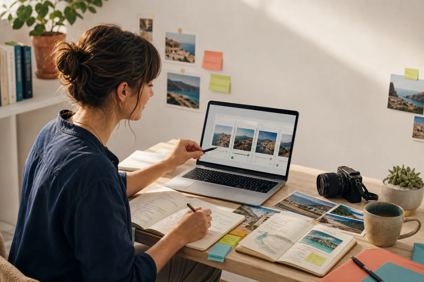 Travel creator editing AI-assisted itinerary suggestions beside original notes