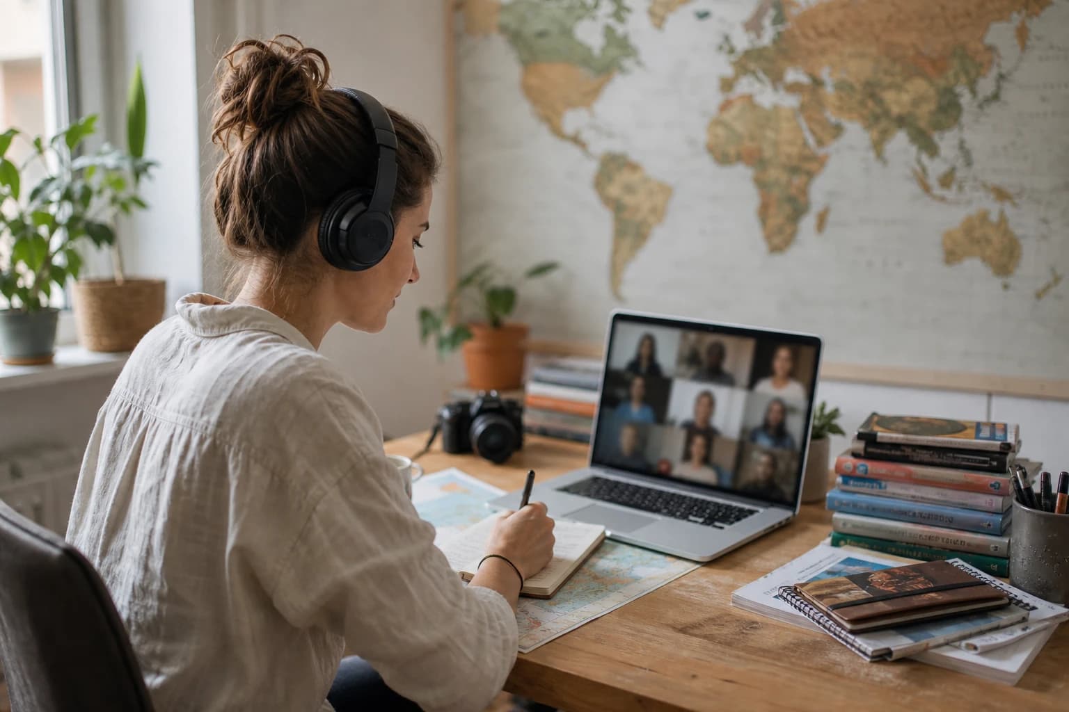 Person taking planning notes on a video call, helping a traveler plan a trip as an assist agent