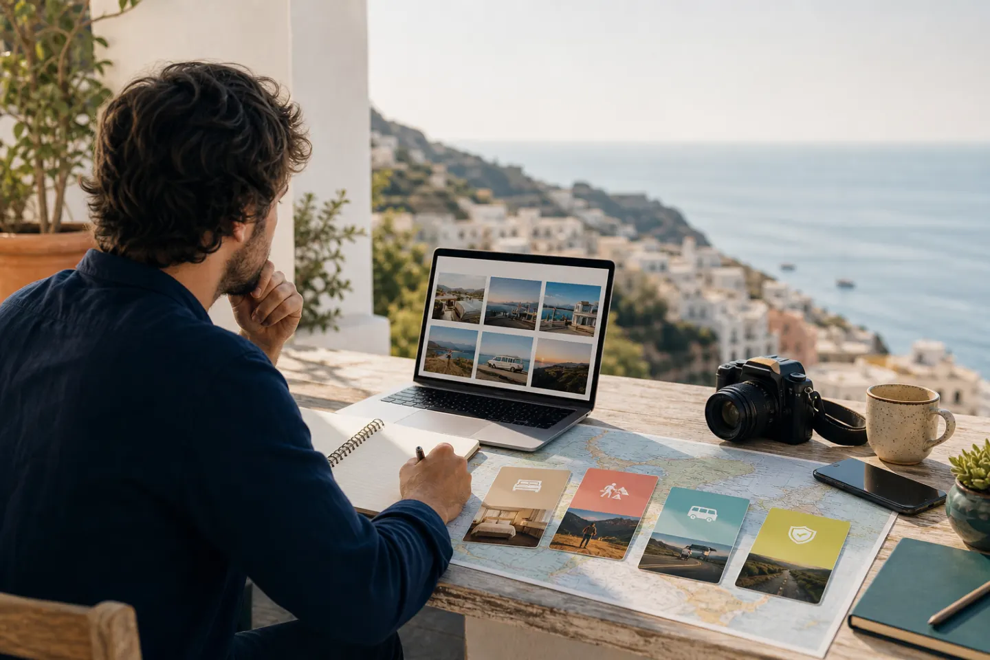 Creator comparing unbranded travel program cards across a map