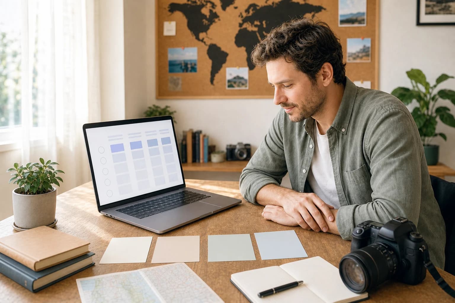 Travel creator comparing four unbranded affiliate program options side by side on a desk