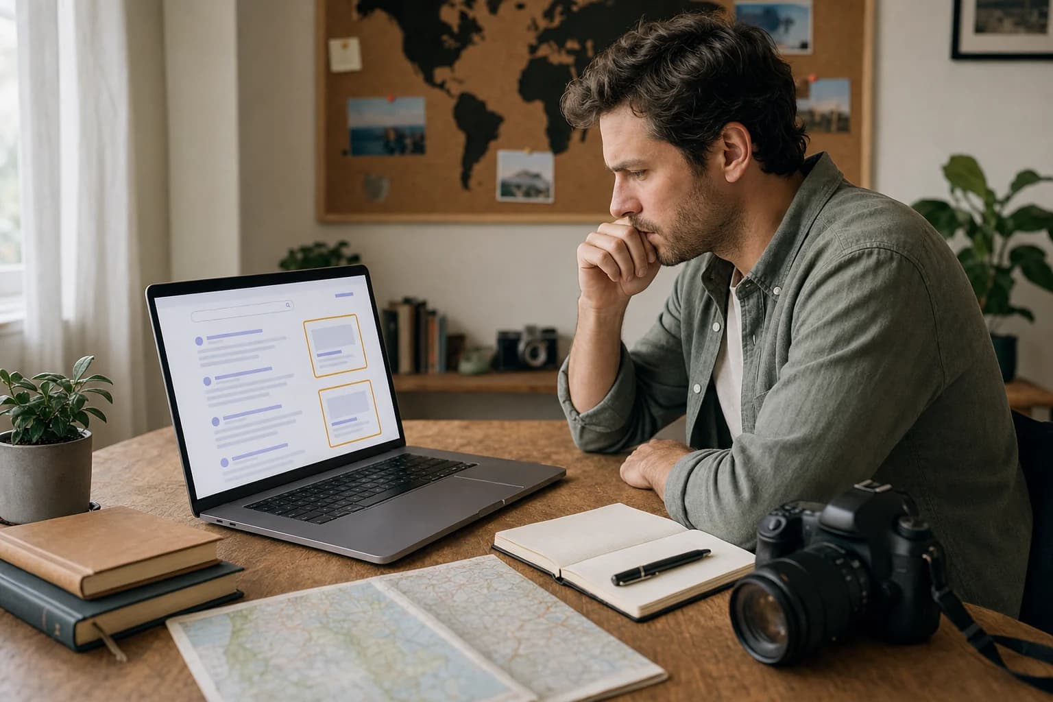 Travel creator reviewing search results with two paid ad slots flagged, illustrating affiliate brand-bidding rules