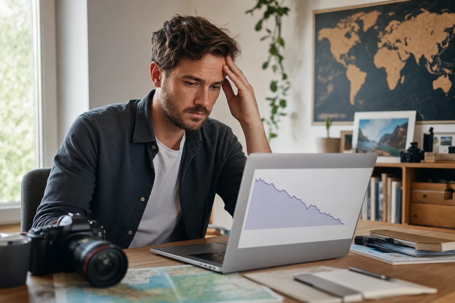 Travel creator reviewing a single affiliate dashboard, illustrating the risk of depending on one program