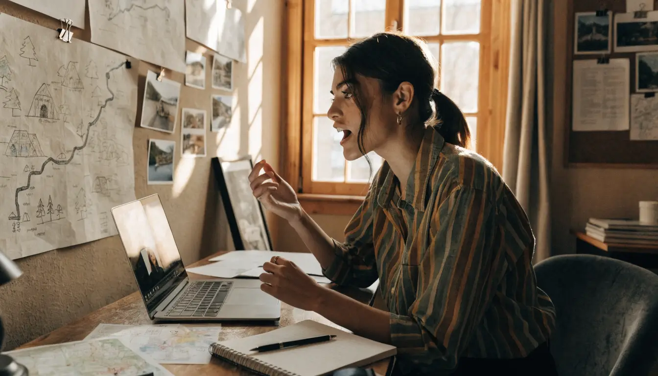 Travel creator confidently offering paid planning advice on a video call
