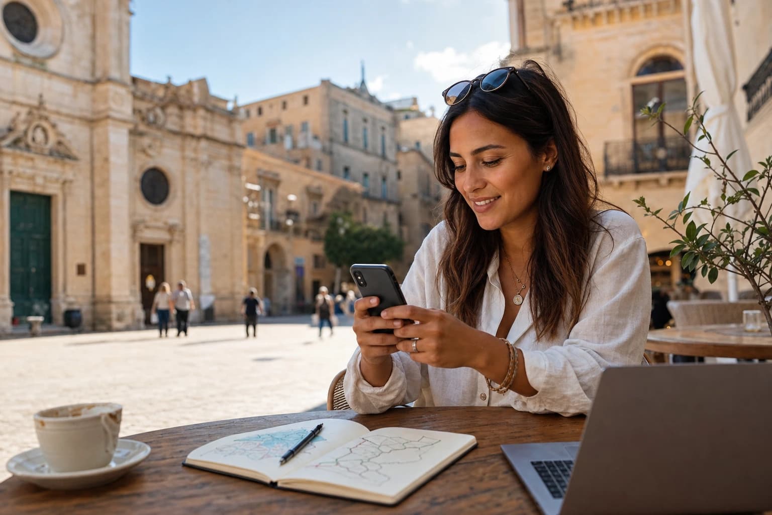 Travel creator replying to followers' trip questions beside a route map and phone