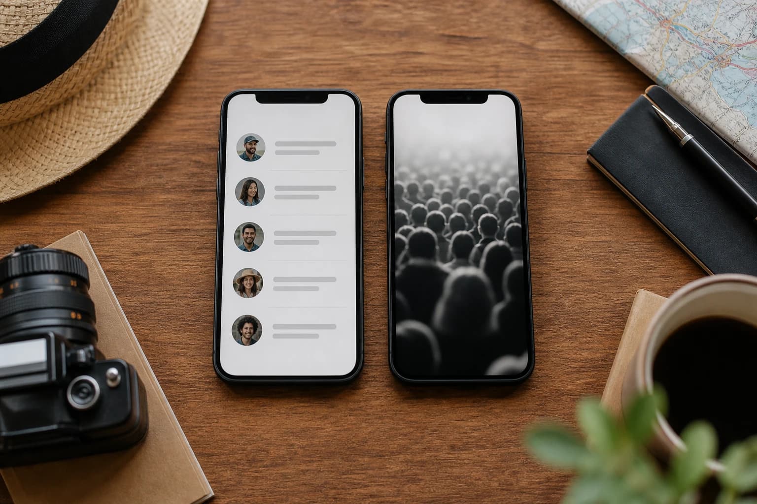Two travel creators comparing a small engaged audience against a large follower count on phone screens