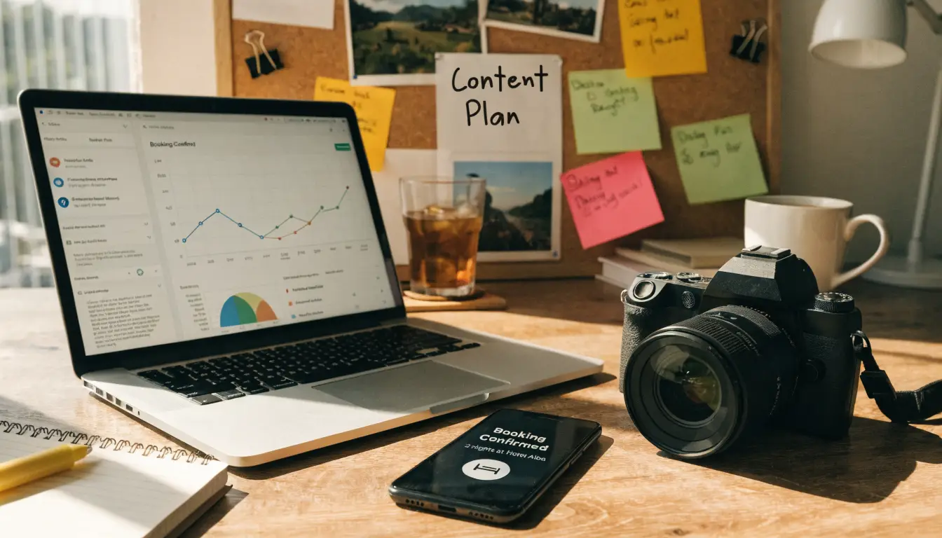 Travel creator organised workspace showing multiple layered income streams