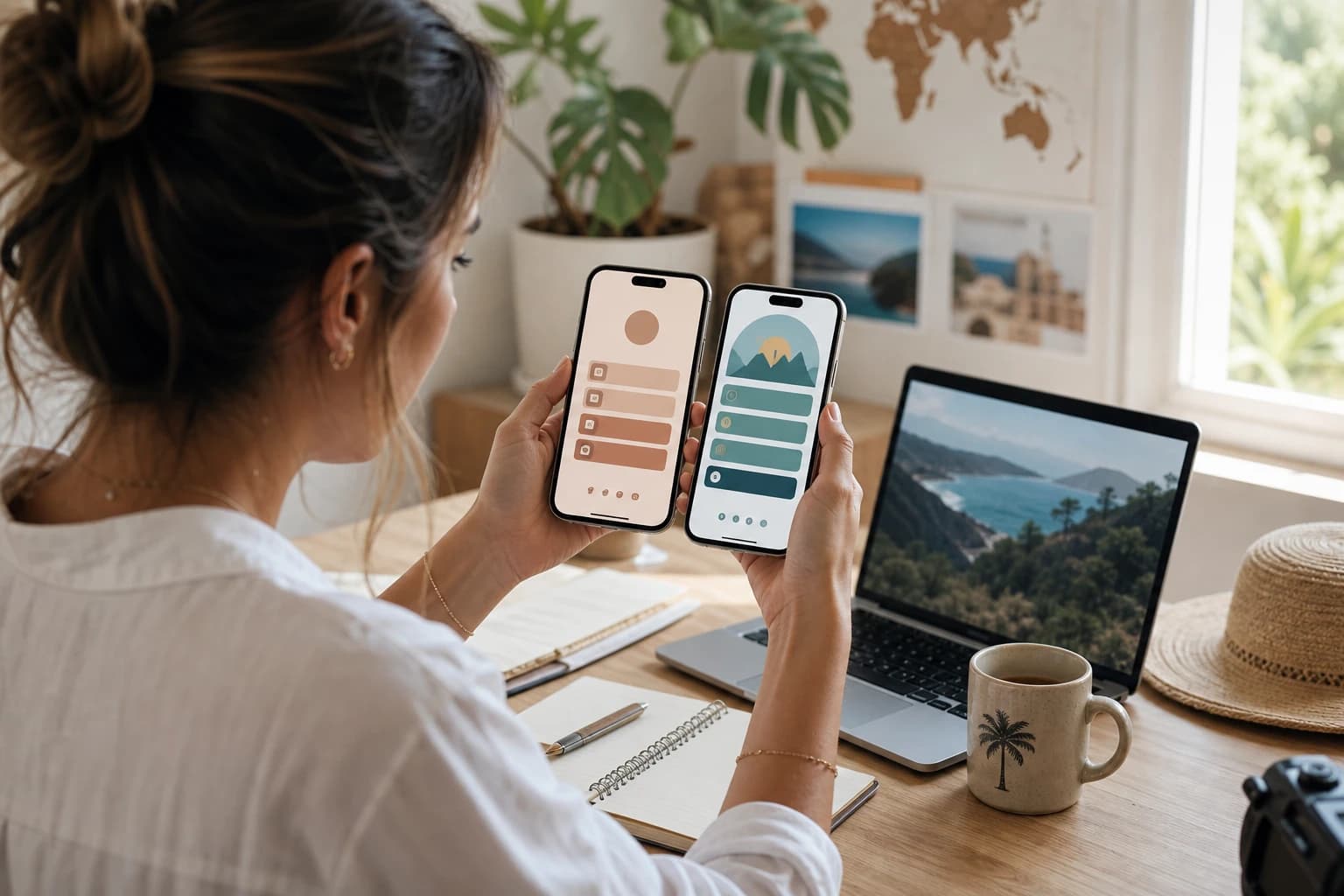 Travel creator comparing link-in-bio page layouts side by side on a laptop and phone