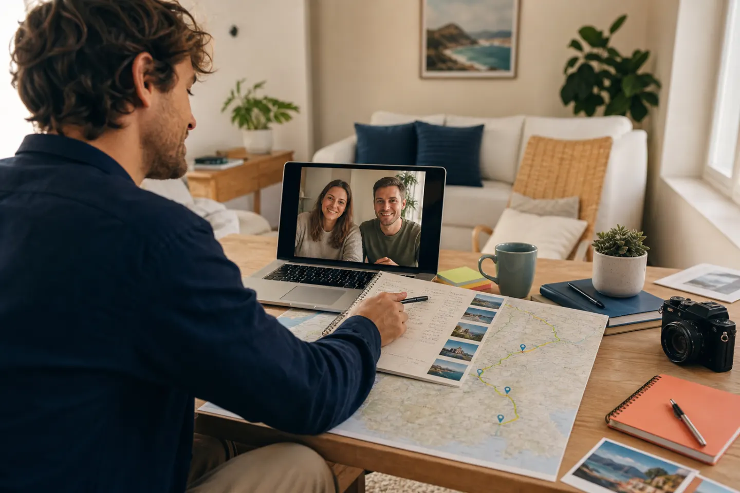 Travel creator discussing a route map during a planning video call