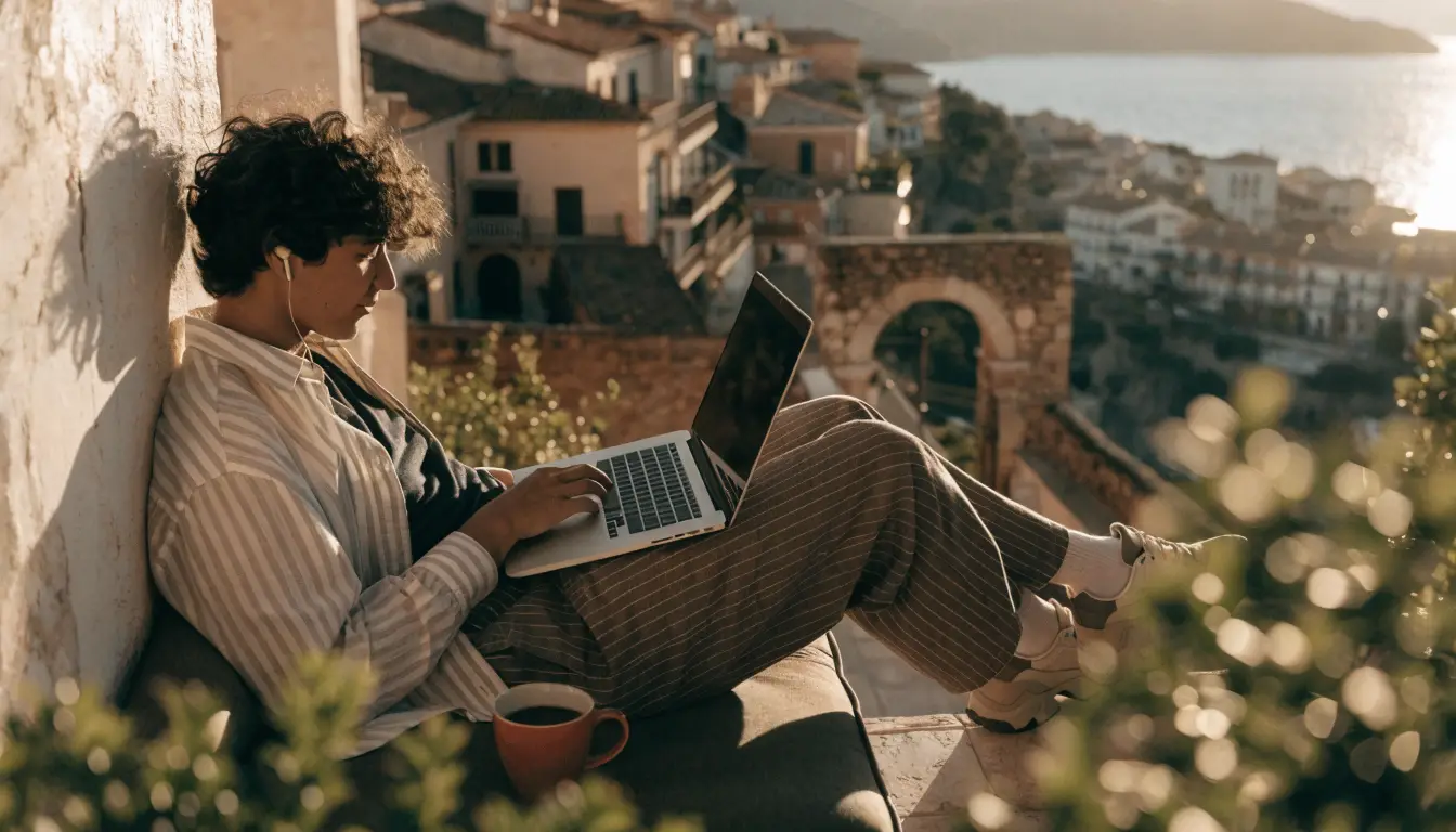 Travel creator working from a Mediterranean balcony at golden hour
