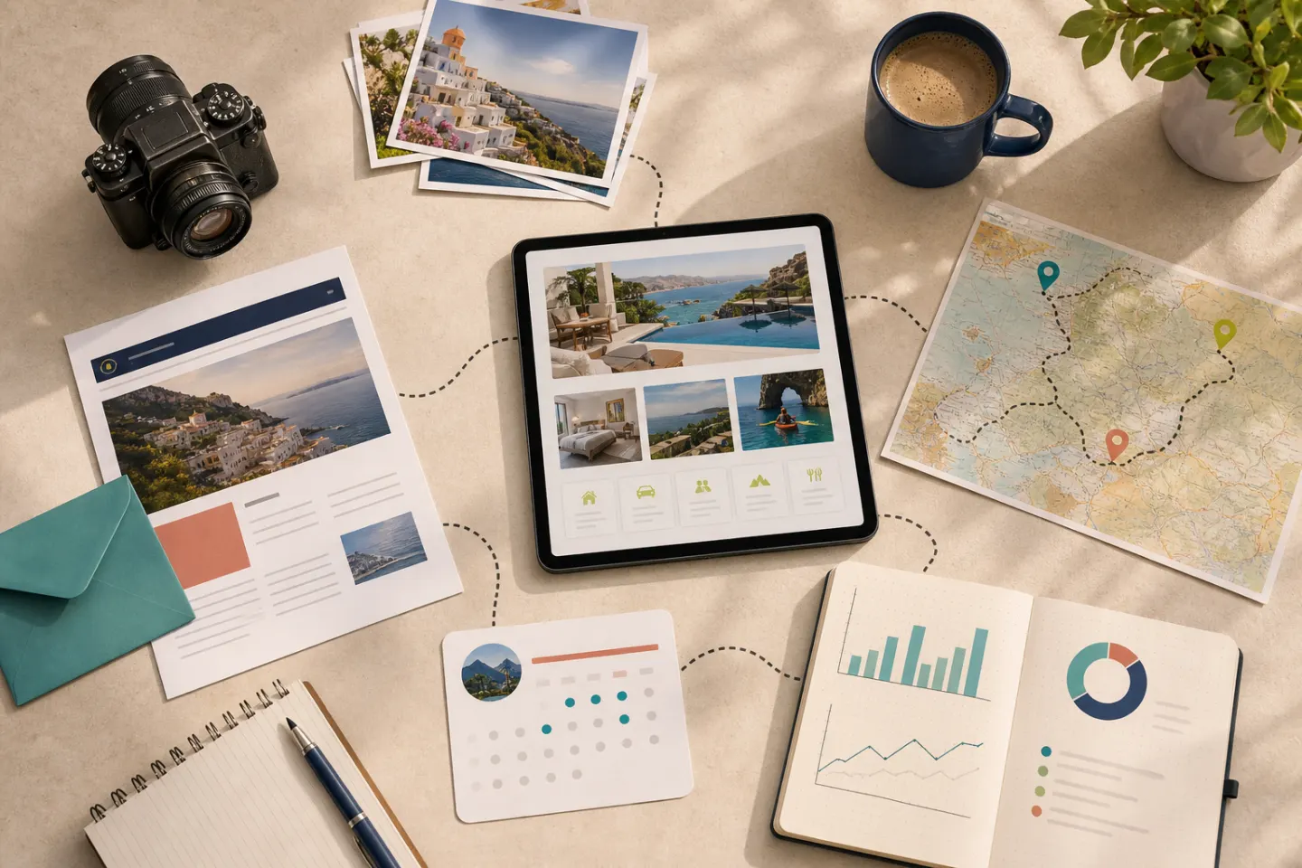 Travel video, newsletter, itinerary, and planning services arranged as a revenue mix