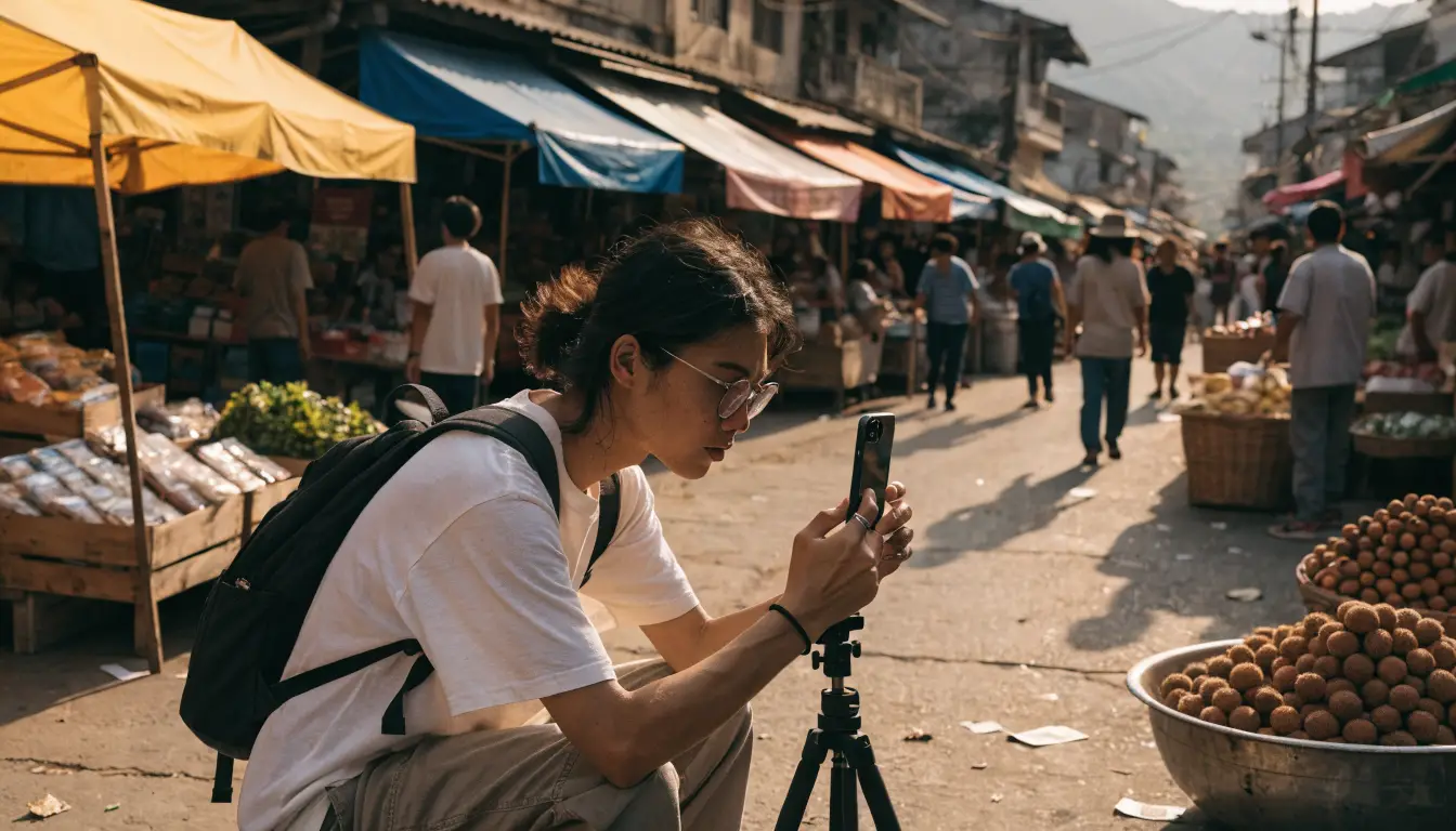 Small travel creator filming destination content with an engaged community