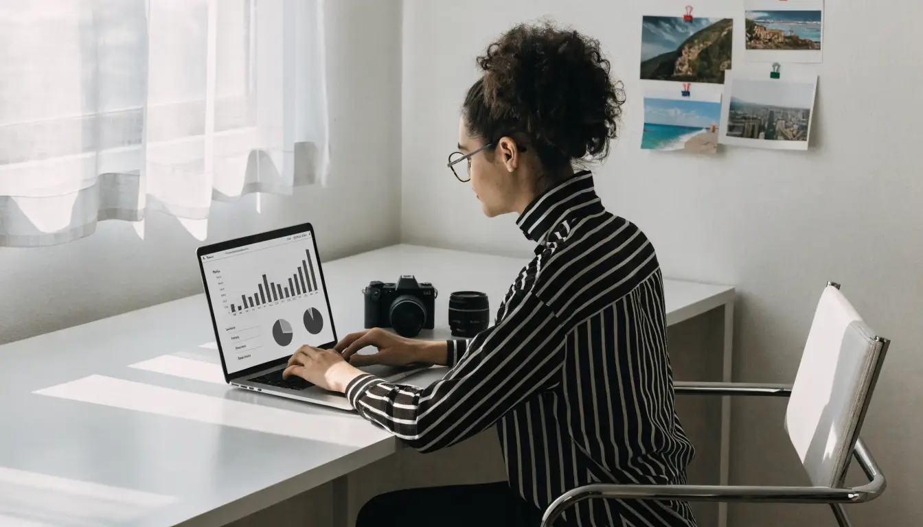 Modern travel blogger at a sleek minimal desk with analytics and camera gear