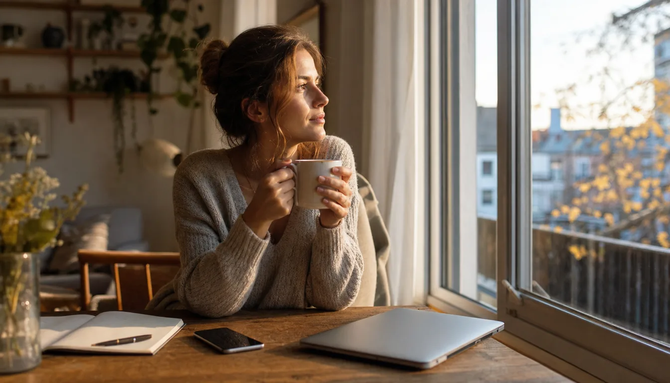 Travel creator resting by a window with tea and a closed laptop
