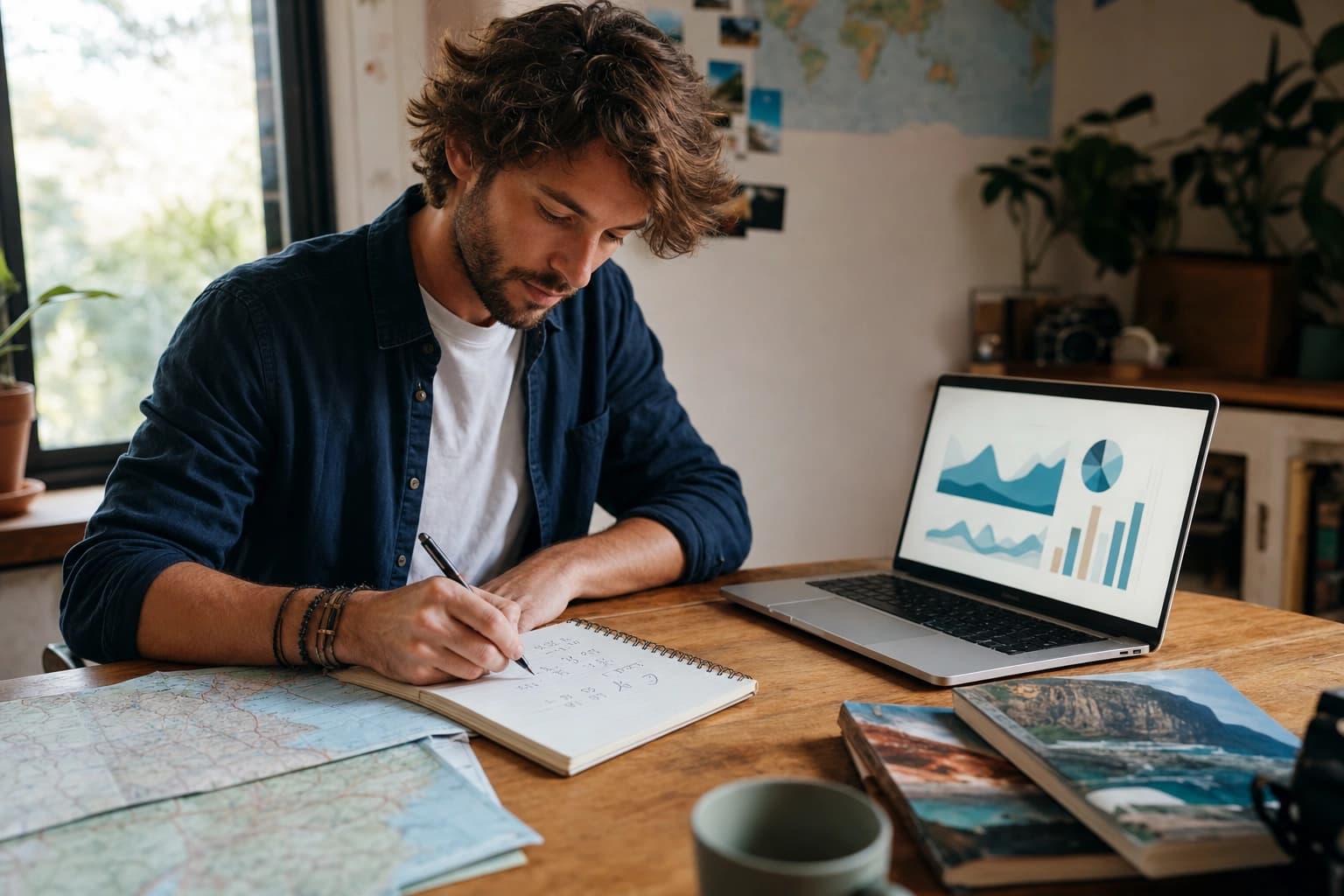 Travel creator working through audience numbers on a notepad beside an analytics screen